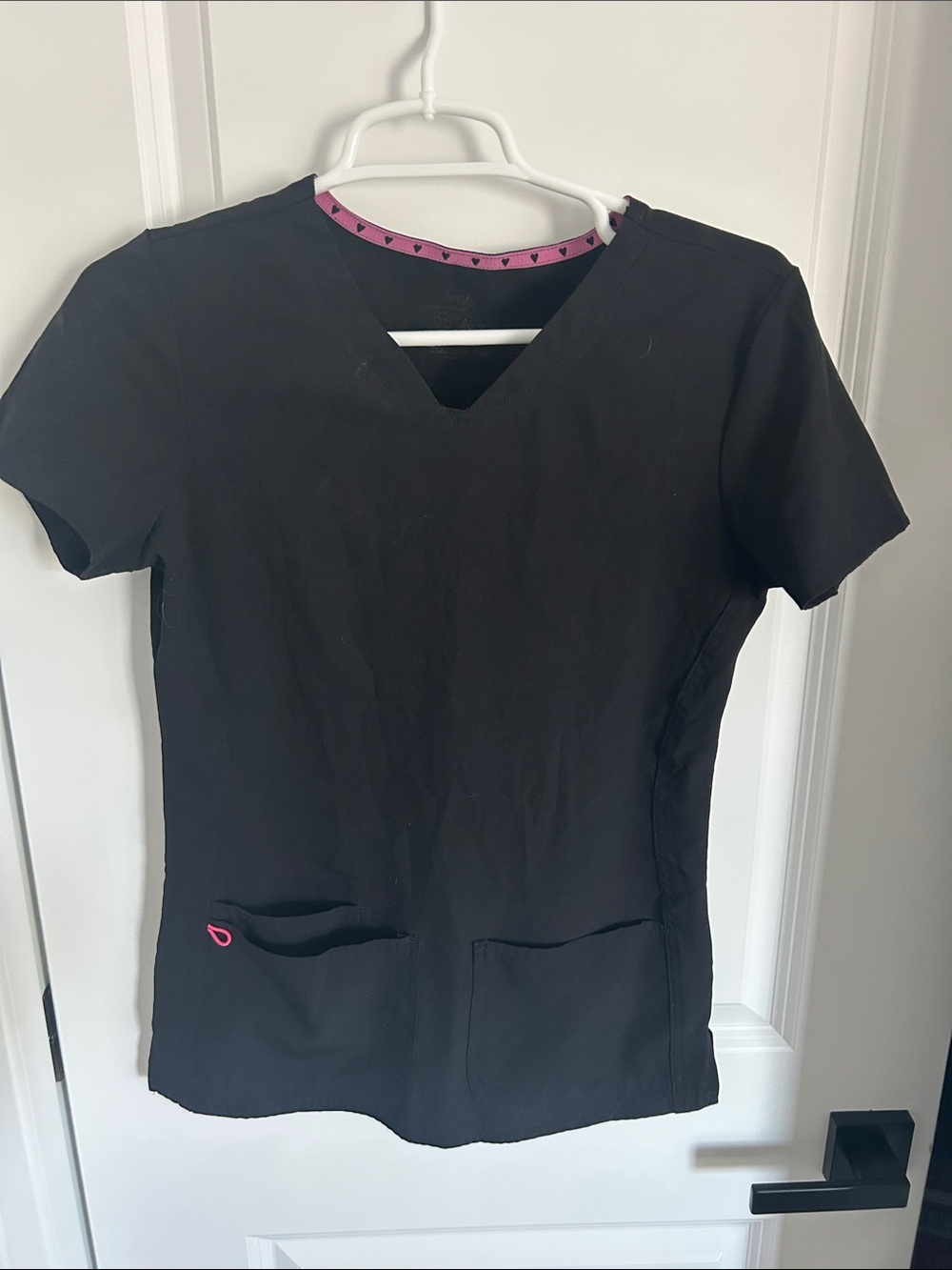 HeartSoul Black Short Sleeve V-Neck Top with Pink Trim